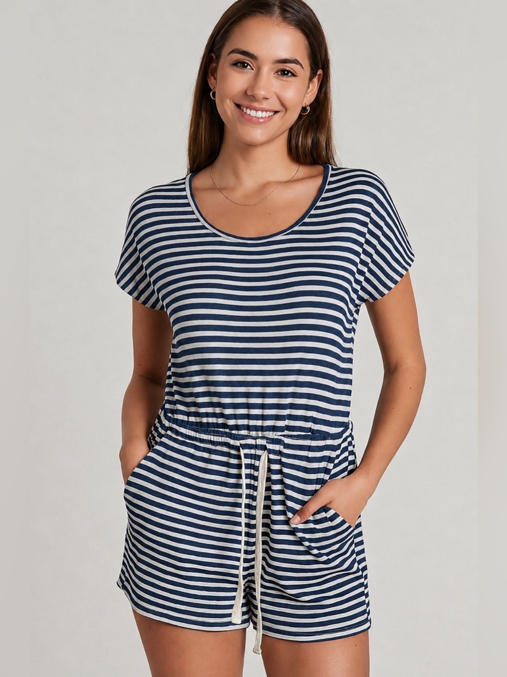 Loft Outlet Blue and White Striped Romper with Tie Waist Small